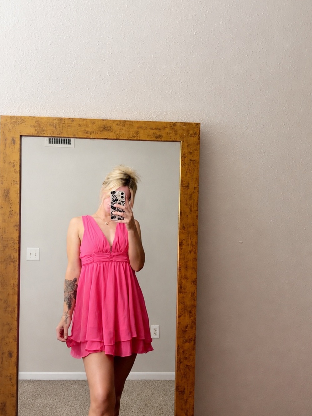 Love Tree Hot Pink V-Neck Layered Mini Dress